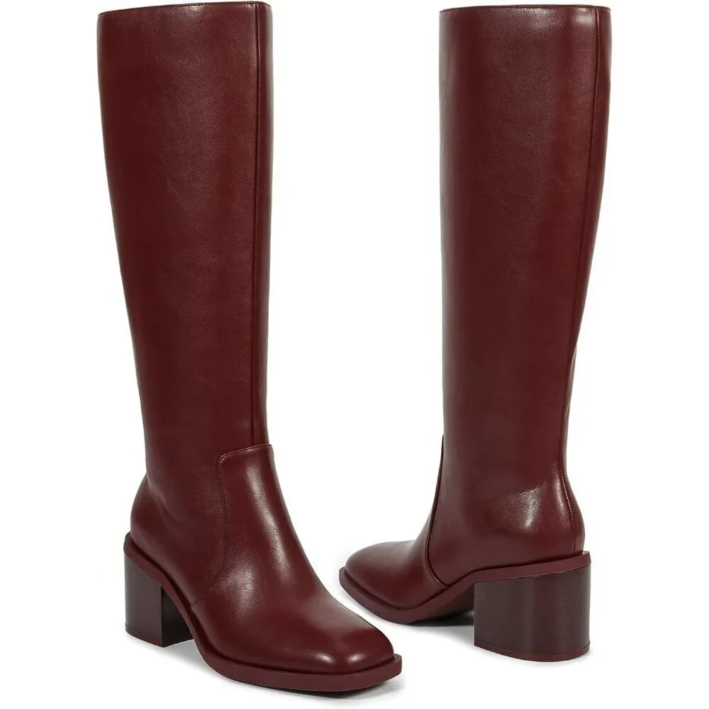 Women Brown Chunky Low Heel Square Toe Elastic Tall Boots Side Zipper PU Lea